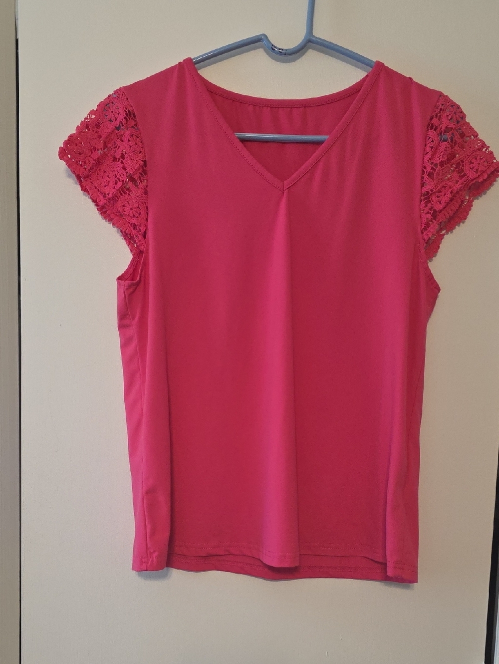 SHEIN Hot Pink V-Neck Top with Crochet Cap Sleeves